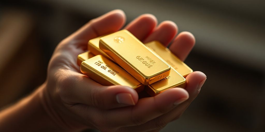Lingots d'or brillants, main âgée.