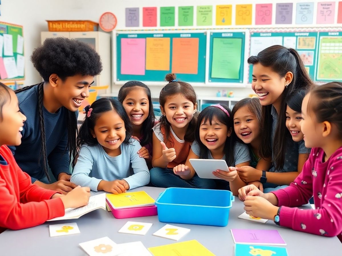 Students playing games in a lively ESL classroom.
