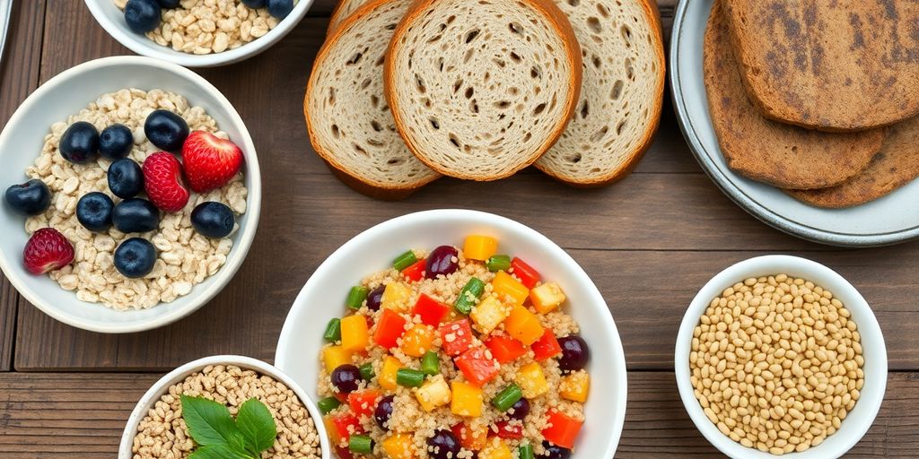 Delicious whole grain foods arranged on a rustic wooden table.