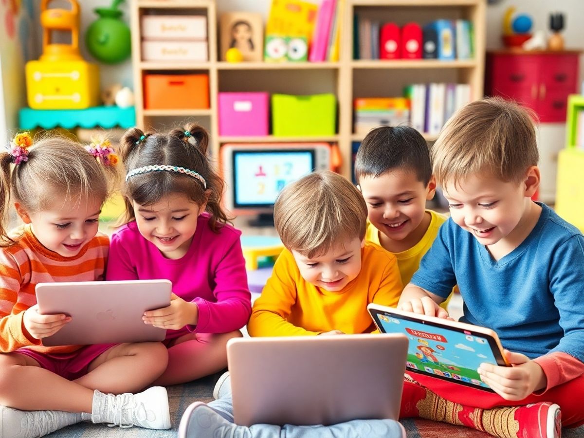 Copii jucându-se cu jocuri educaționale pe dispozitive.