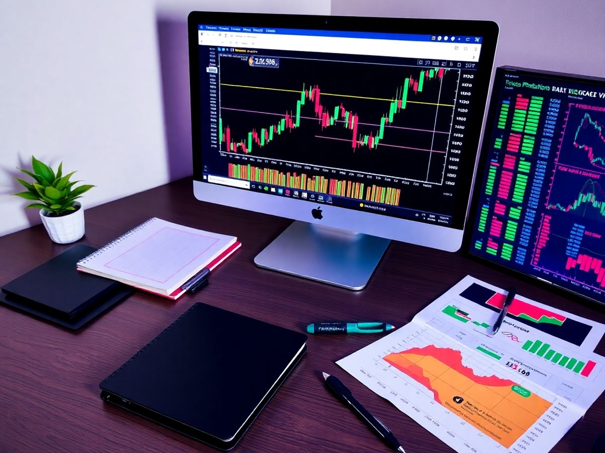 Trading workspace with Fibonacci retracement tools and materials.
