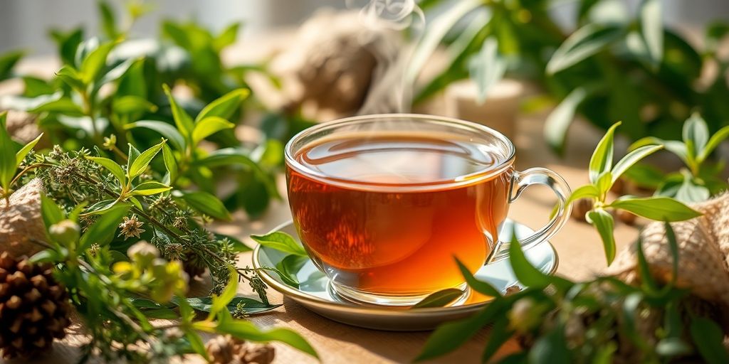 Steaming cup of tea with herbs on a wooden table.