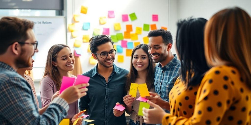 Diverse group brainstorming in a creative workspace.