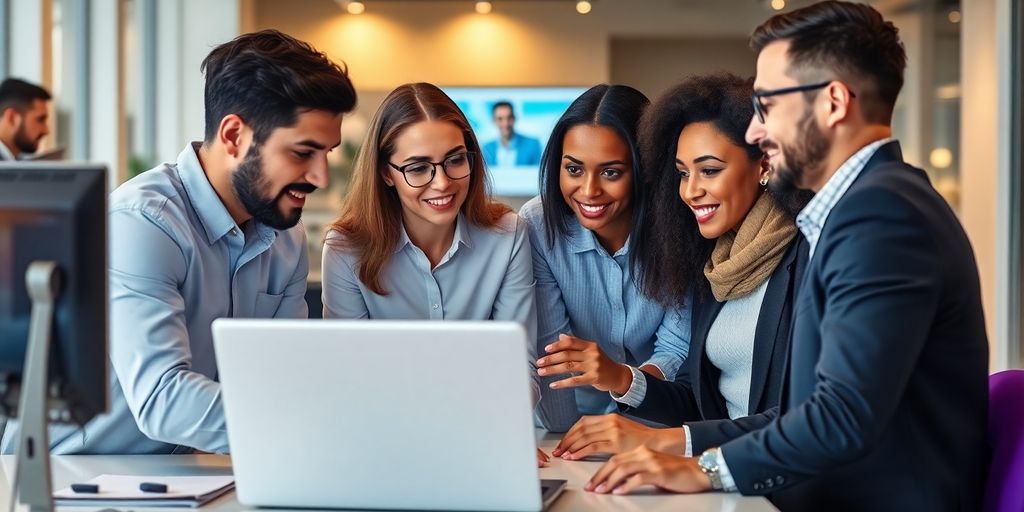 Professionals collaborating with technology in a modern office setting.