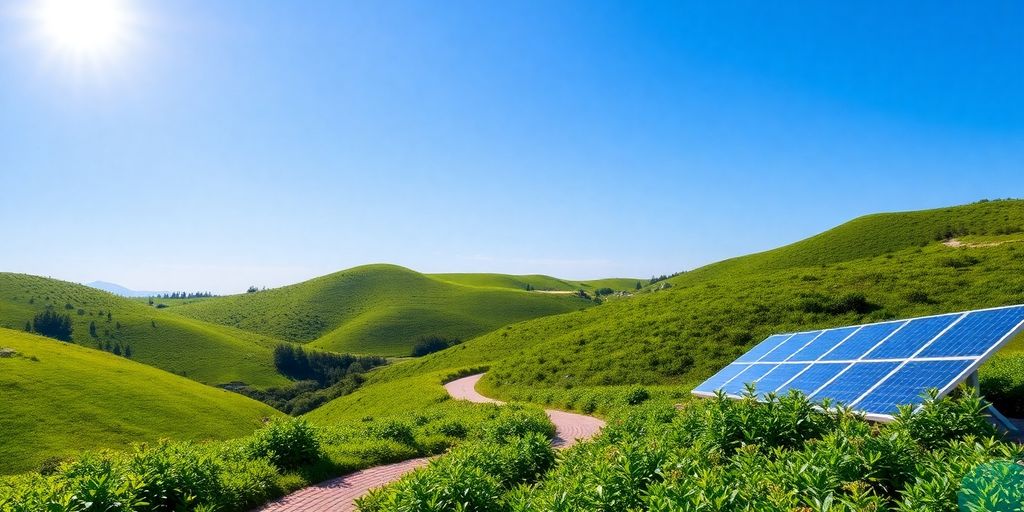 Paysage verdoyant avec sentiers et panneaux solaires