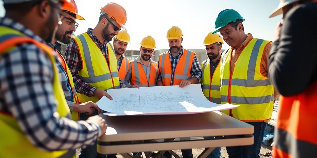 Construction team reviewing blueprints on site.