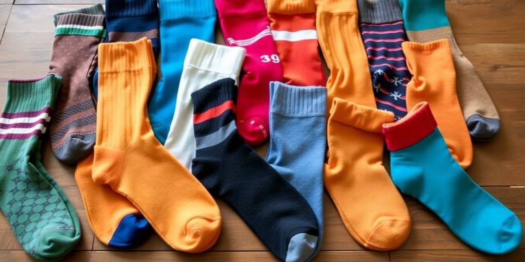 Colorful extra large cotton socks arranged on a wooden surface.