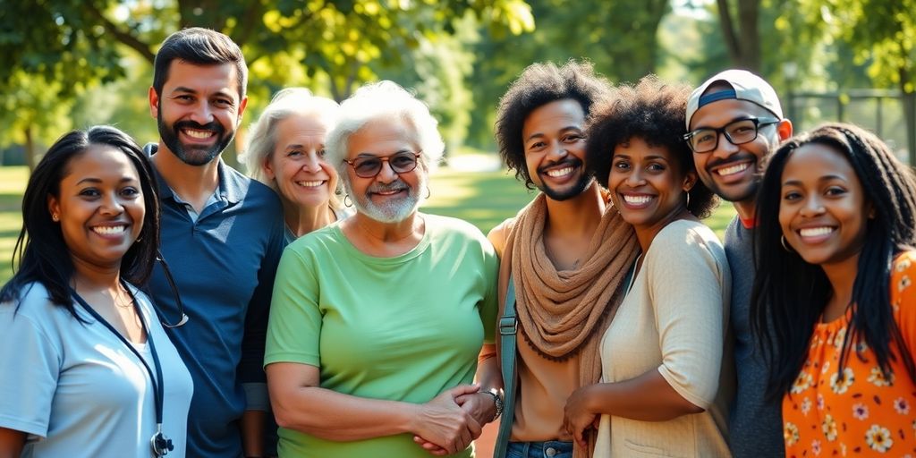Diverse group of happy people enjoying outdoor community time.