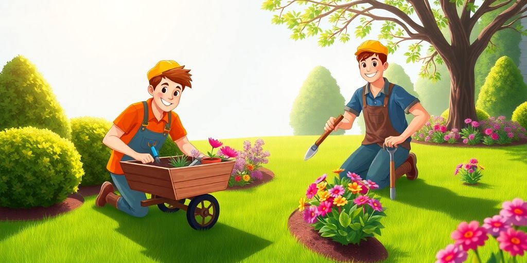 Landscaper kneeling on green lawn planting colorful flowers near wheelbarrow