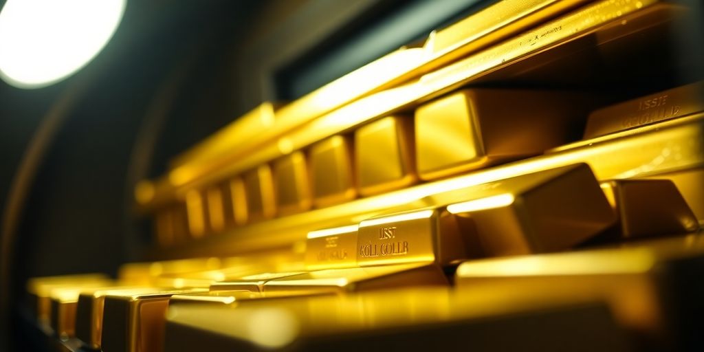 Lingots d'or empilés dans un coffre-fort de banque centrale.