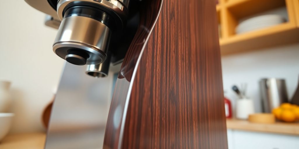 Espresso machine with wooden side panels.