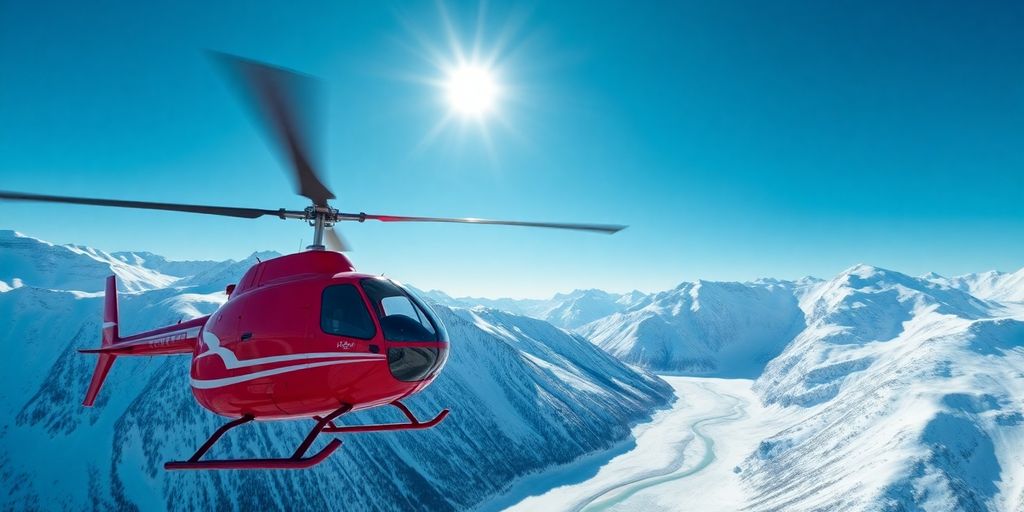 A red helicopter flies over a snowy Alaskan mountain range.