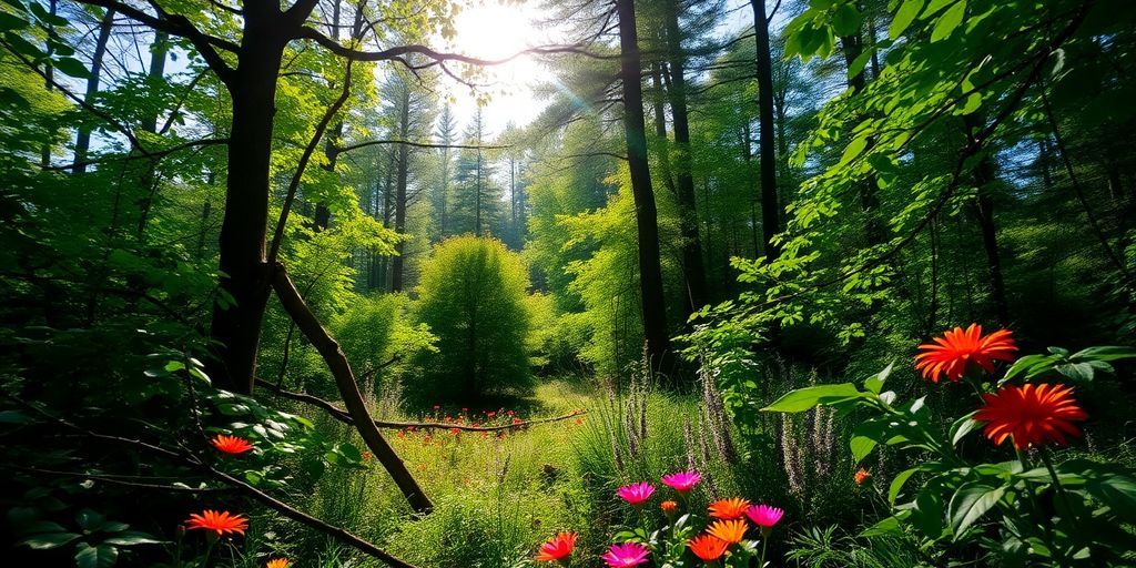 A colorful forest with sunlight and vibrant flowers.