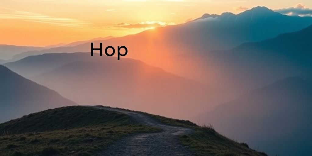 A sunrise over mountains with a winding path.