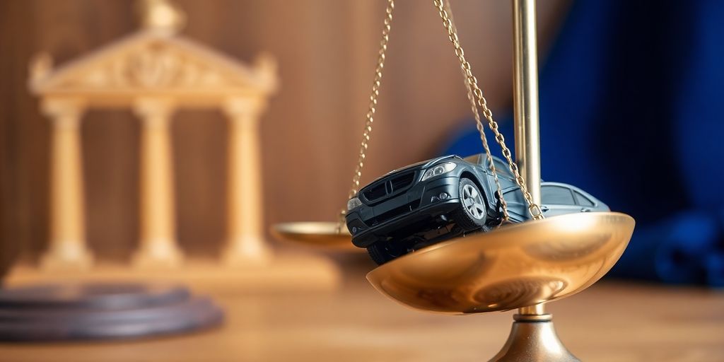Scales of justice with a shattered car.