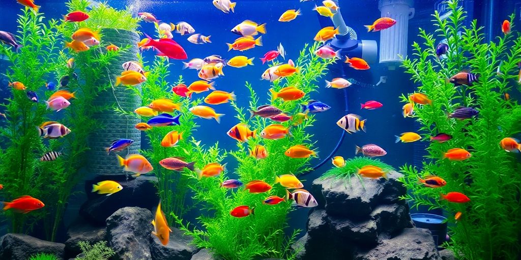 Colorful fish swimming in a lush aquarium.