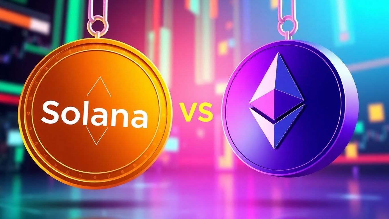 3D illustration of SOL and ETH coins side-by-side.