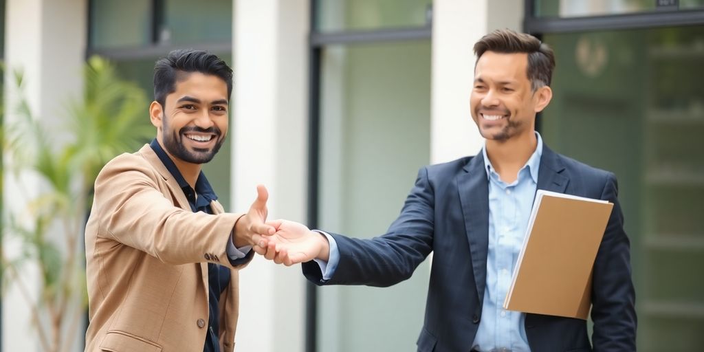 Realtor shaking hands with a happy client.