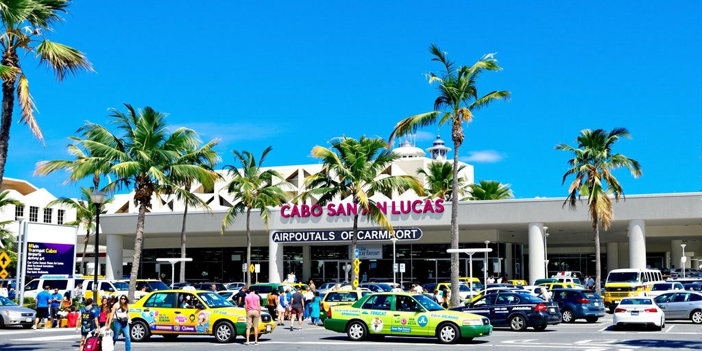 Cabo San Lucas airport with vibrant tropical scenery.
