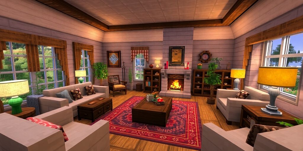 Cozy Minecraft living room with stylish furniture and decor.