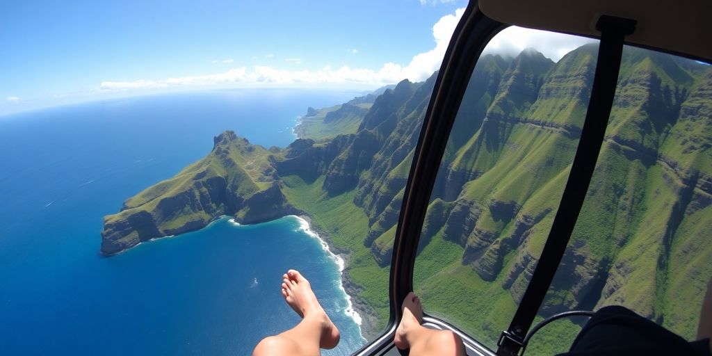 View from a doors-off helicopter over Kauai's Na Pali Coast.