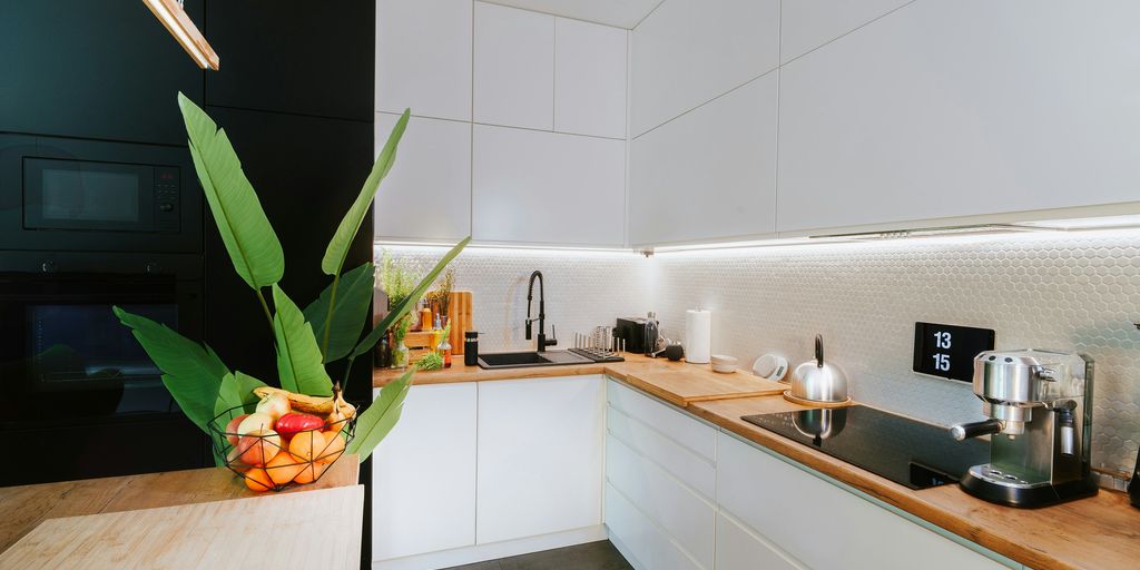 A kitchen with a plant in the middle of the counter