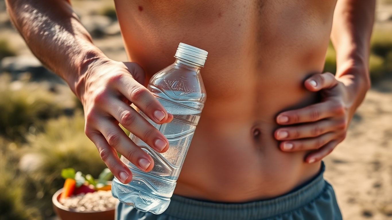 Runner sweating in sun, holding water near vegetables, touching kidneys.
