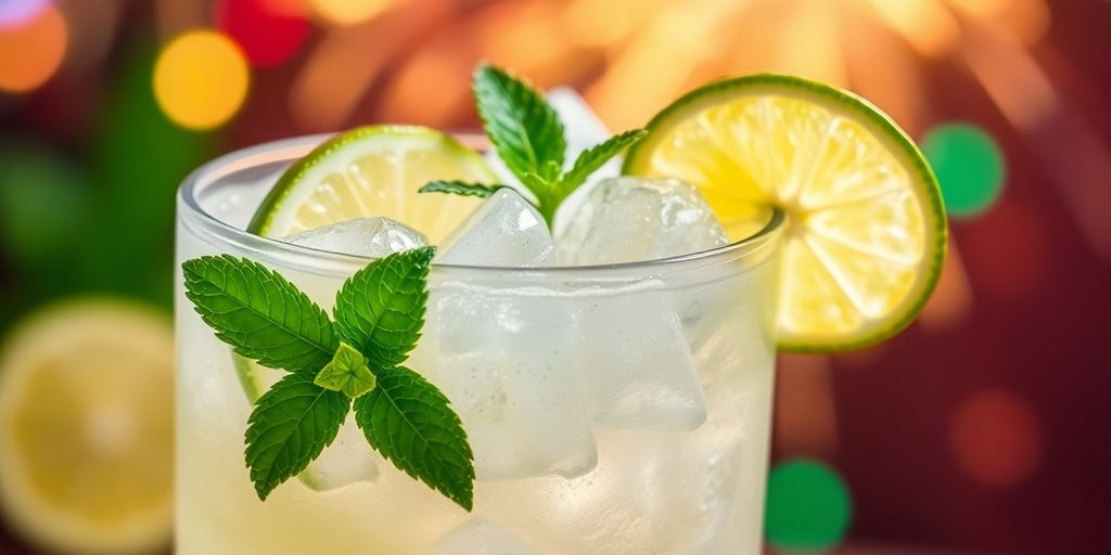 6 Drinks para o Ano Novo 2 Imagem de uma caipirinha refrescante com limão.
