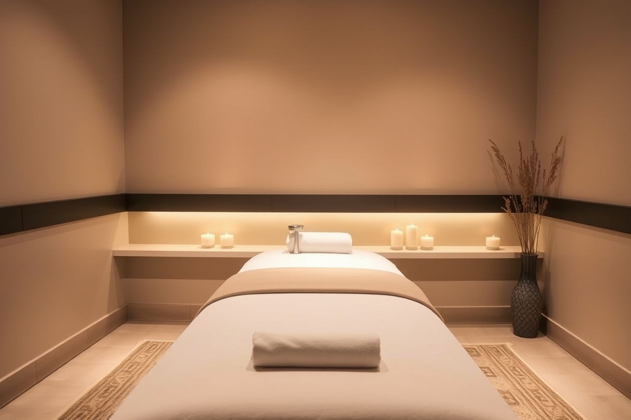 Relaxing spa with massage table and candles