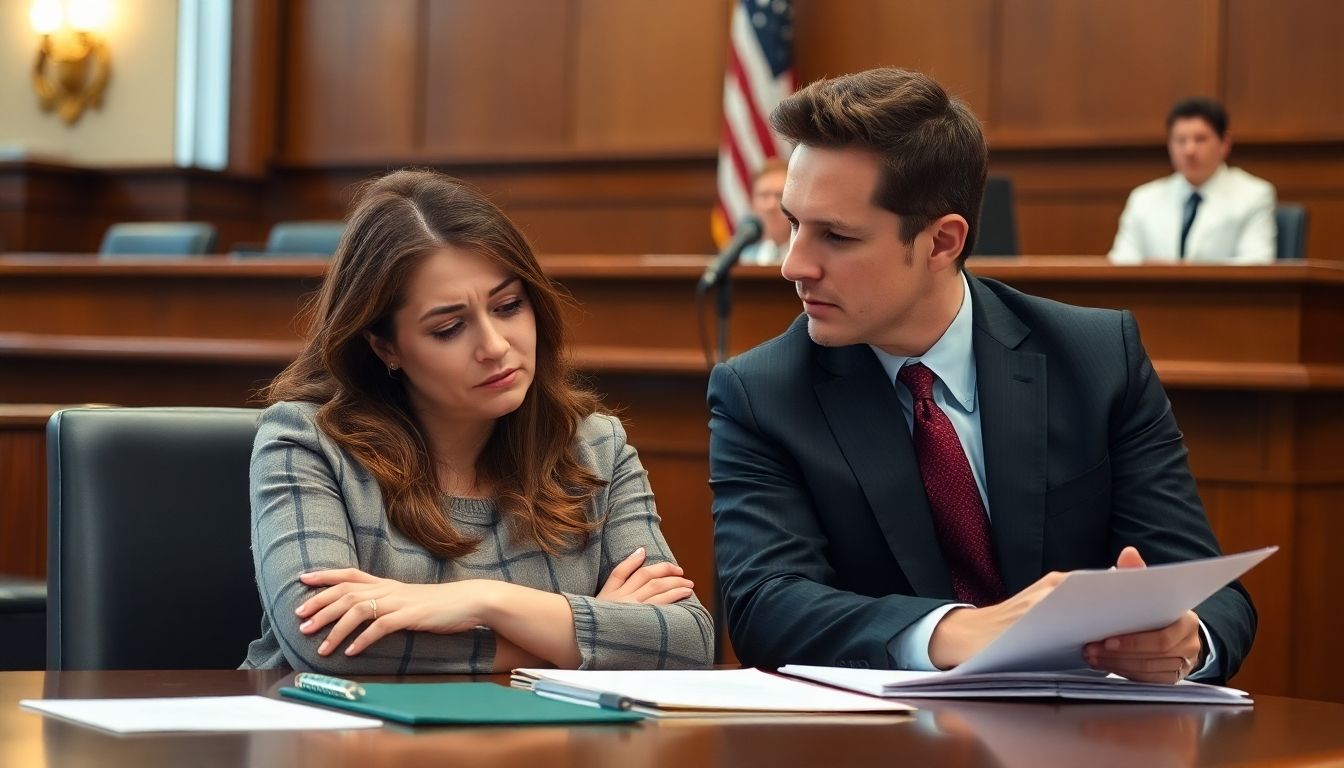 Crying woman with lawyer in a courtroom setting.