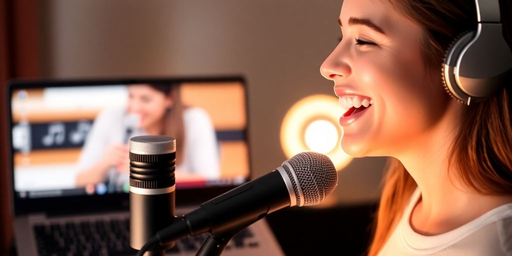 Student singing happily during an online lesson.