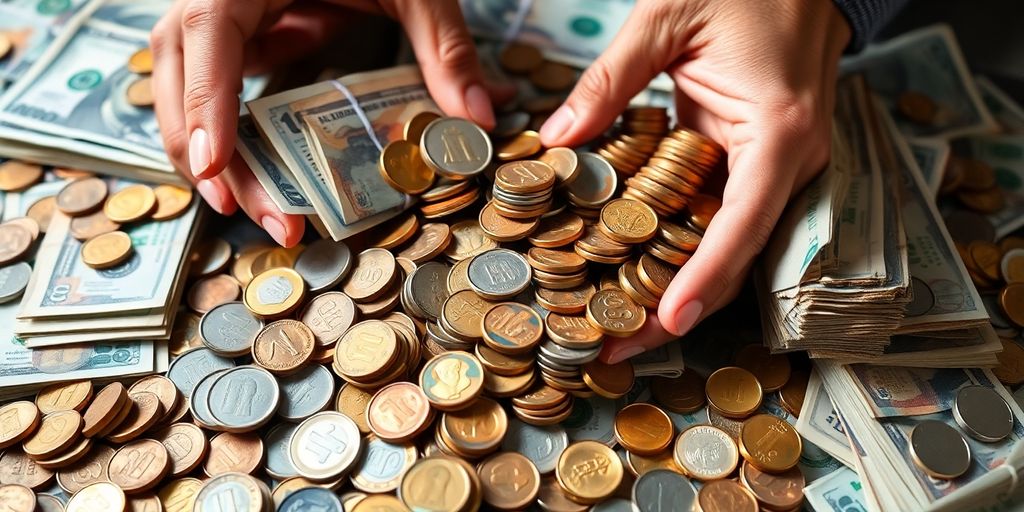 Person happily planning finances with colorful coins and bills.