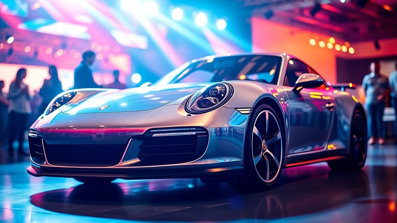 Porsche sports car at a lively automotive event.