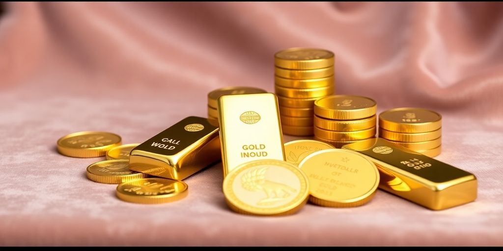 Collection d'or en barres et pièces sur fond doux.