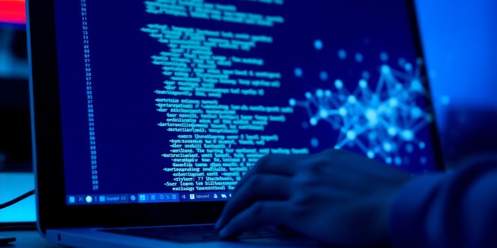 Developer coding on a computer screen with blockchain elements.