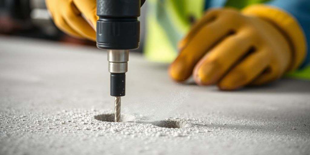 Betonboor met boorgaten in betonnen wand