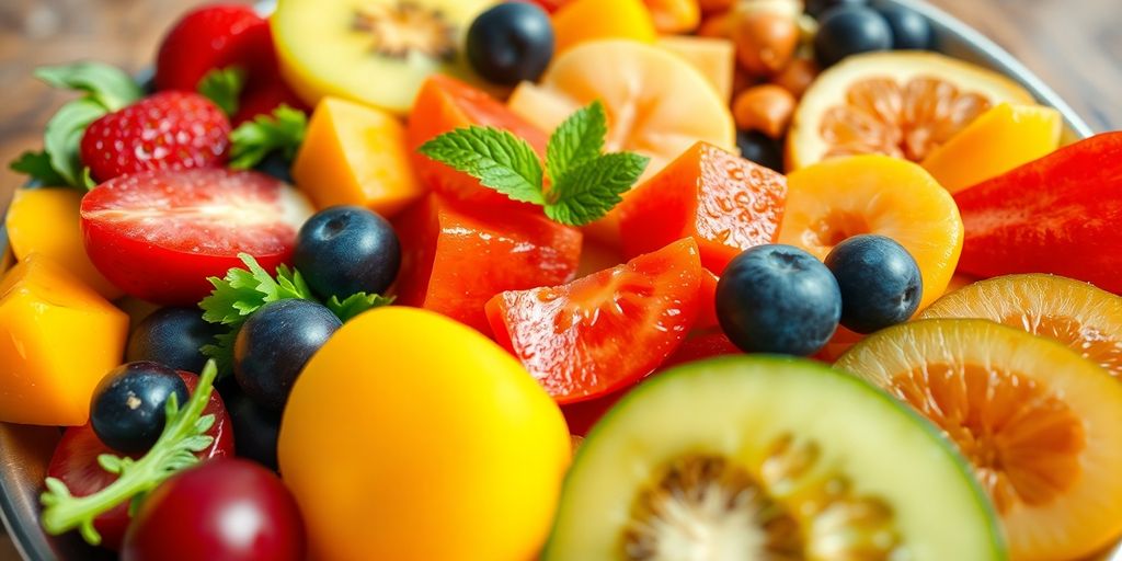 Colorful plate with fresh fruits and vegetables.