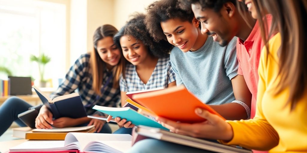 Diverse group of students studying together in bright setting.