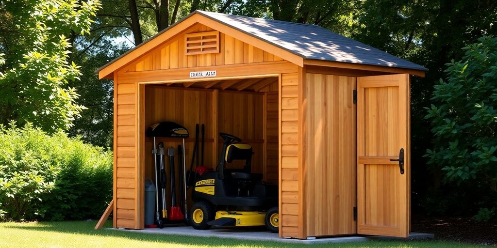 Weatherproof tool shed with a lawn mower inside.