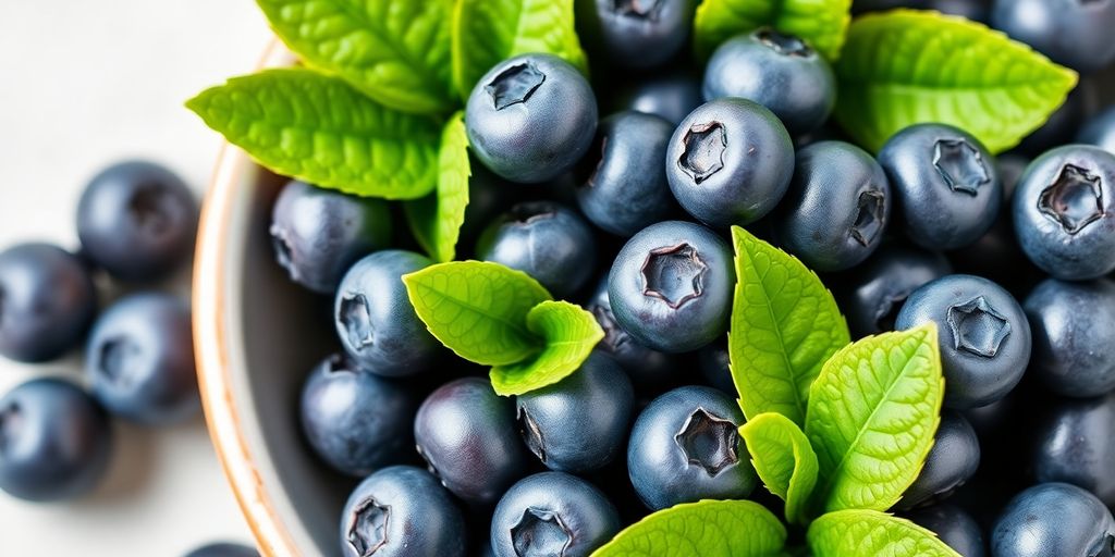 Fresh blueberries in a bowl with green leaves.