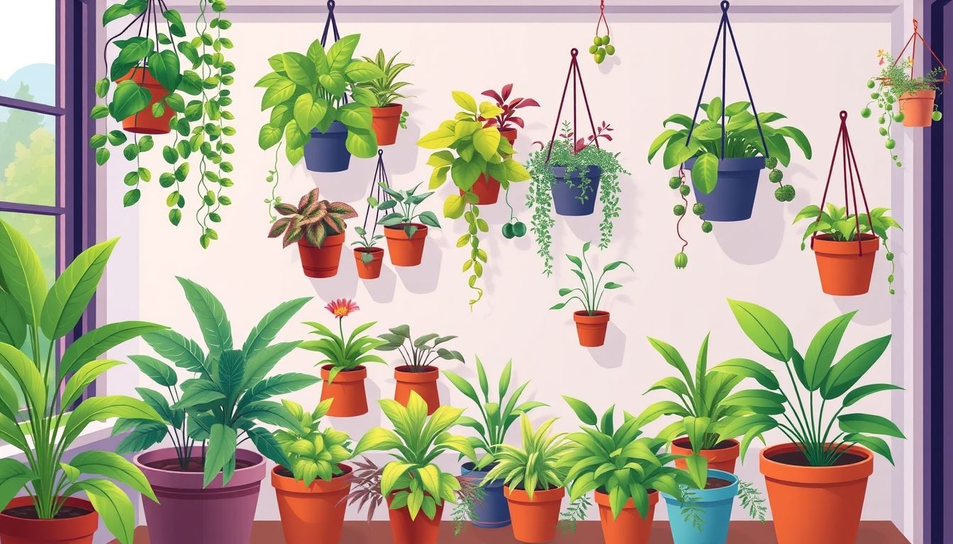 Indoor vertical garden with various plants in pots
