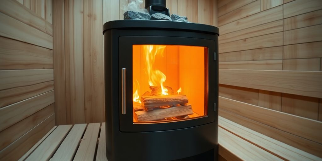 Cozy sauna interior with wood burning stove.