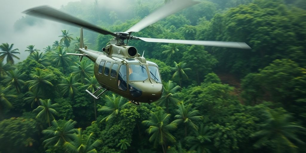 A vintage 1960s Huey helicopter flying over a jungle.