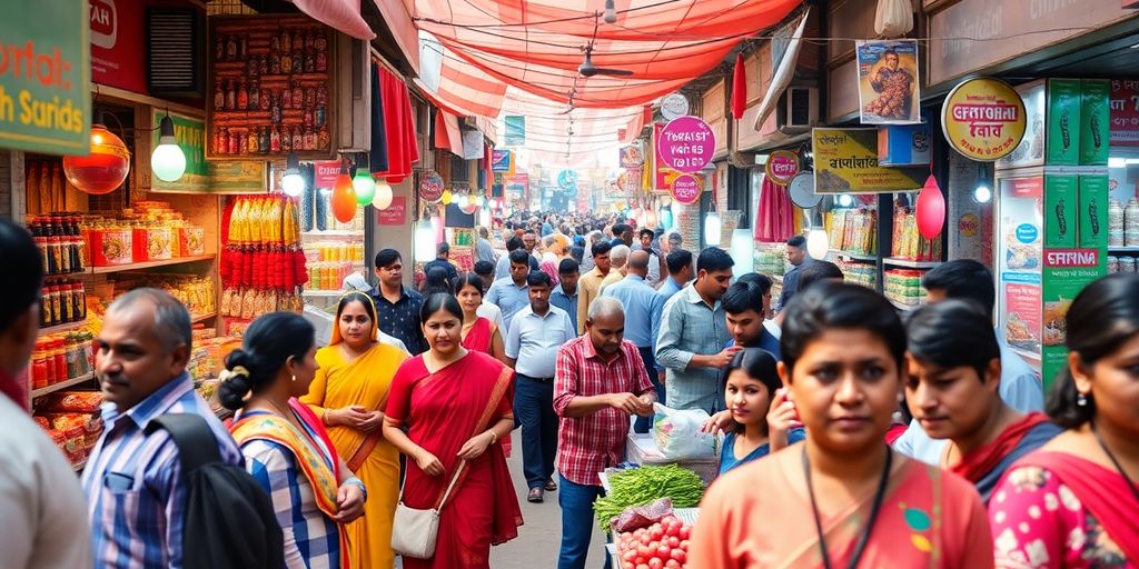 A busy Indian market scene with diverse business activities.