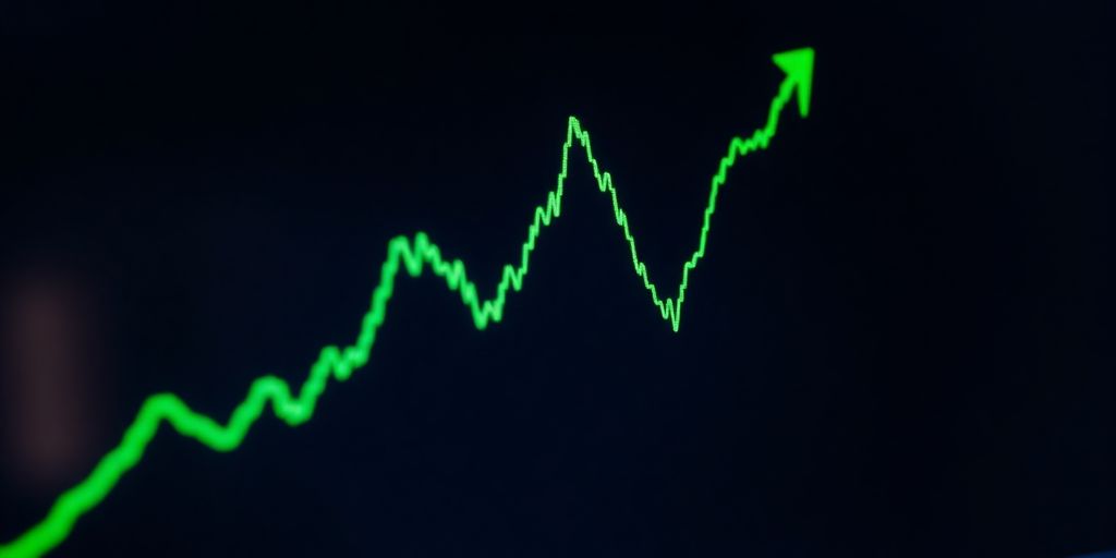Green trend line on screen, financial market.