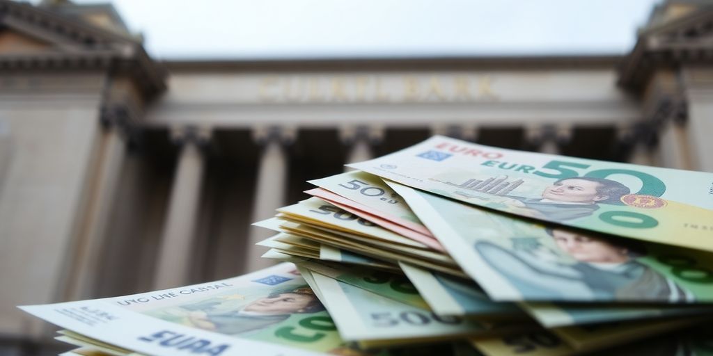 Montant d'euros sur fond de bâtiment bancaire flou.