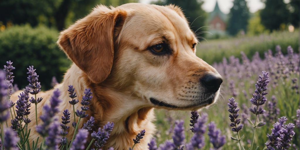 Dog sniffing lavender flowers in a garden.