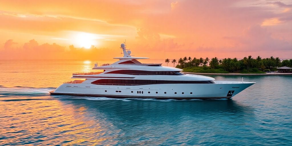 Mega yacht on turquoise waters at sunset.