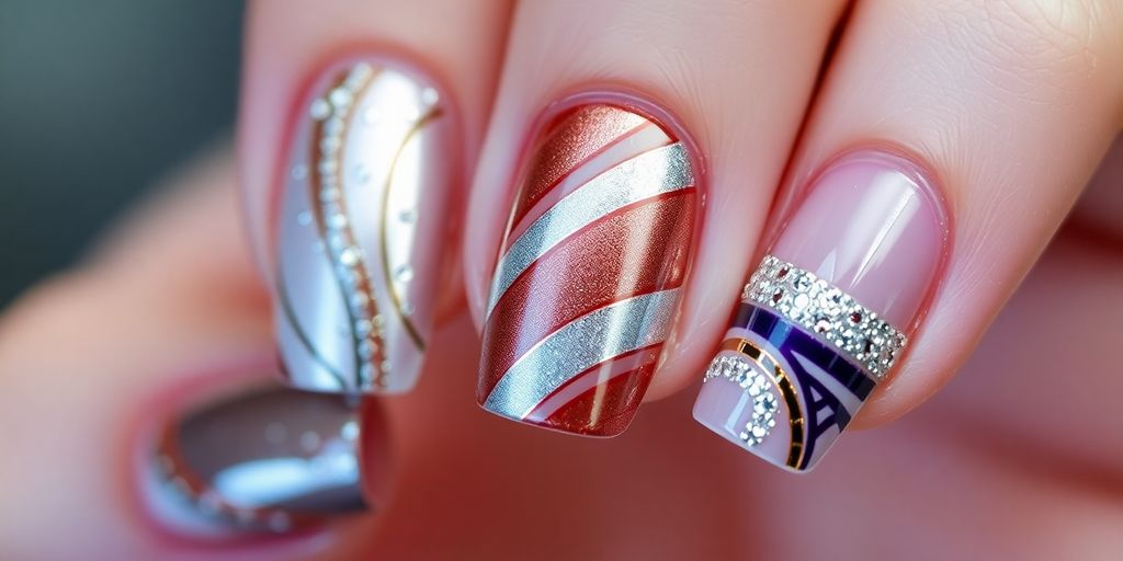 Unhas com fita metálica brilhante e sofisticada.