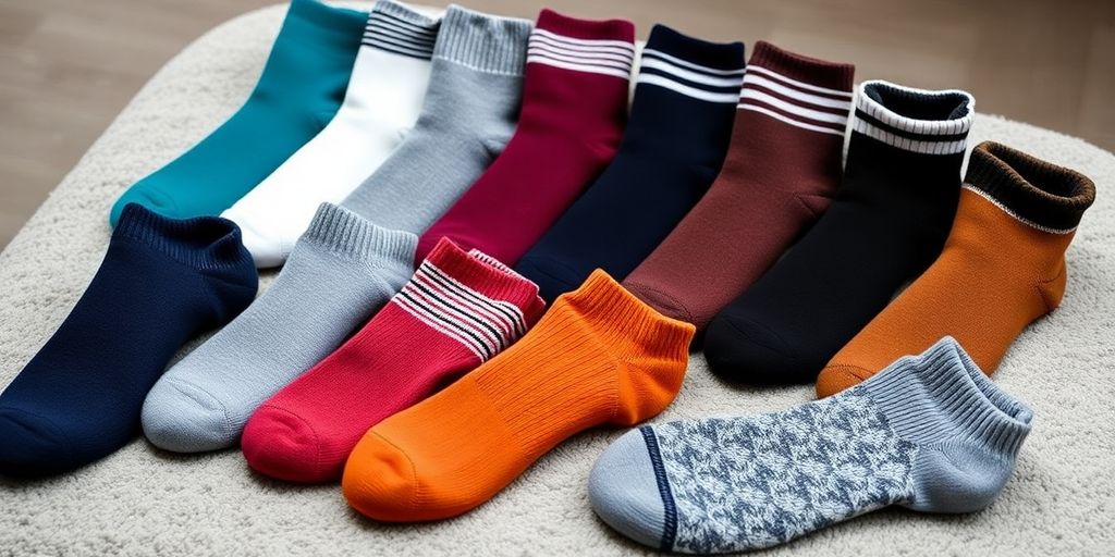 Collection of stylish men's wide ankle socks in colors.